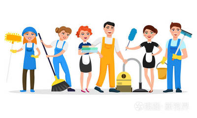清洁服务人员微笑卡通人物在白色背景下隔离。男性和女性身着统一的矢量插图, 以扁平的风格。可爱开朗的女佣和管家概念